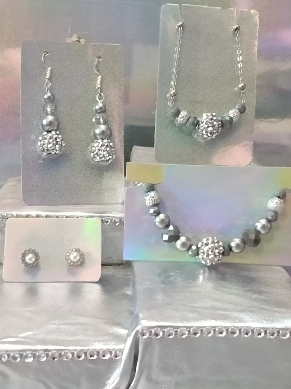 Silver Crystal Bead Necklace and Earring Set - Women Jewelry